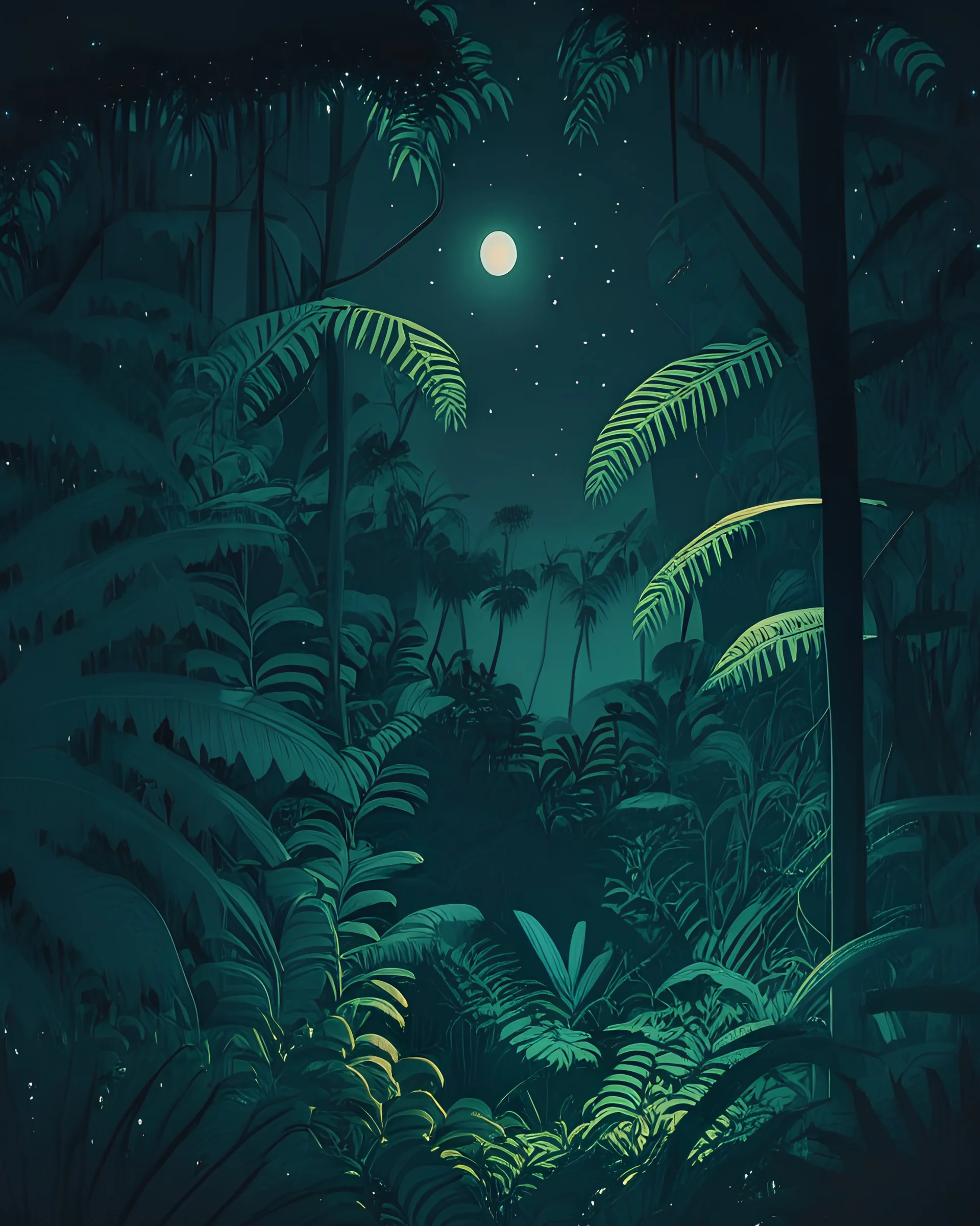 illustration of a jungle in the night from far away