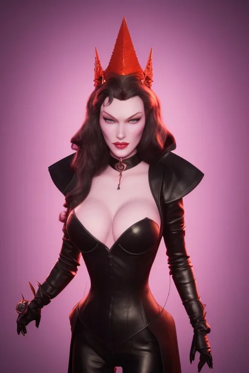 Veronica Lake as evil queen in black leather, busty, cleavage, curvy, angry, stern look. character design by cory loftis, fenghua zhong, ryohei hase, ismail inceoglu and ruan jia. unreal engine 5, artistic lighting, highly detailed, photorealistic, fantasy