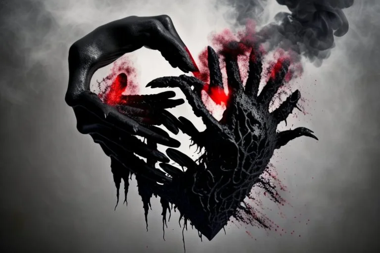 A black hand made out of black smoke violently crushing a human heart, squeezing all blood out of it, foggy, surreal