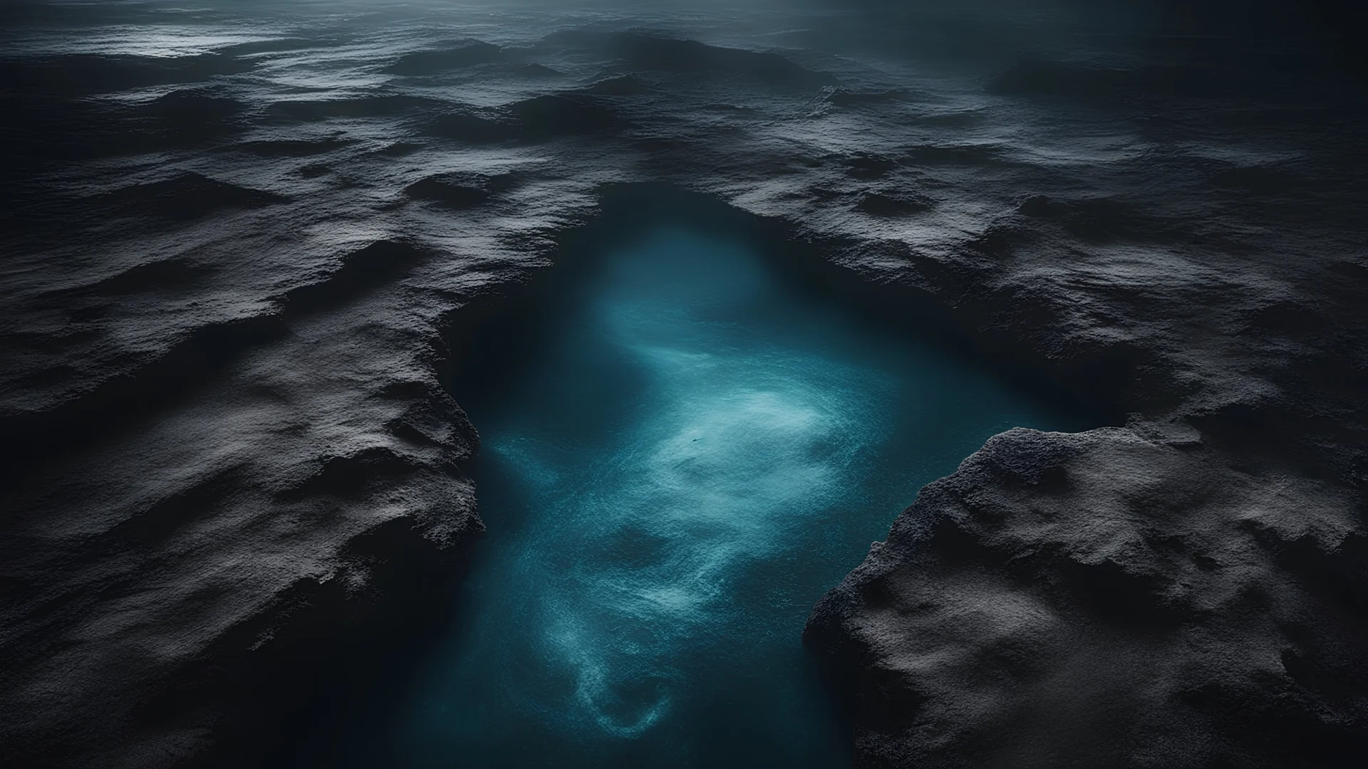 photoreal magnificent high-angle view of an enormously vast underground ocean, black as the night by lee jeffries, otherworldly, in the style of fantasy movies, photorealistic, shot on Hasselblad h6d-400c, zeiss prime lens, bokeh like f/0.8, tilt-shift lens 8k, high detail, smooth render, unreal engine 5, cinema 4d, HDR, dust effect, vivid colors