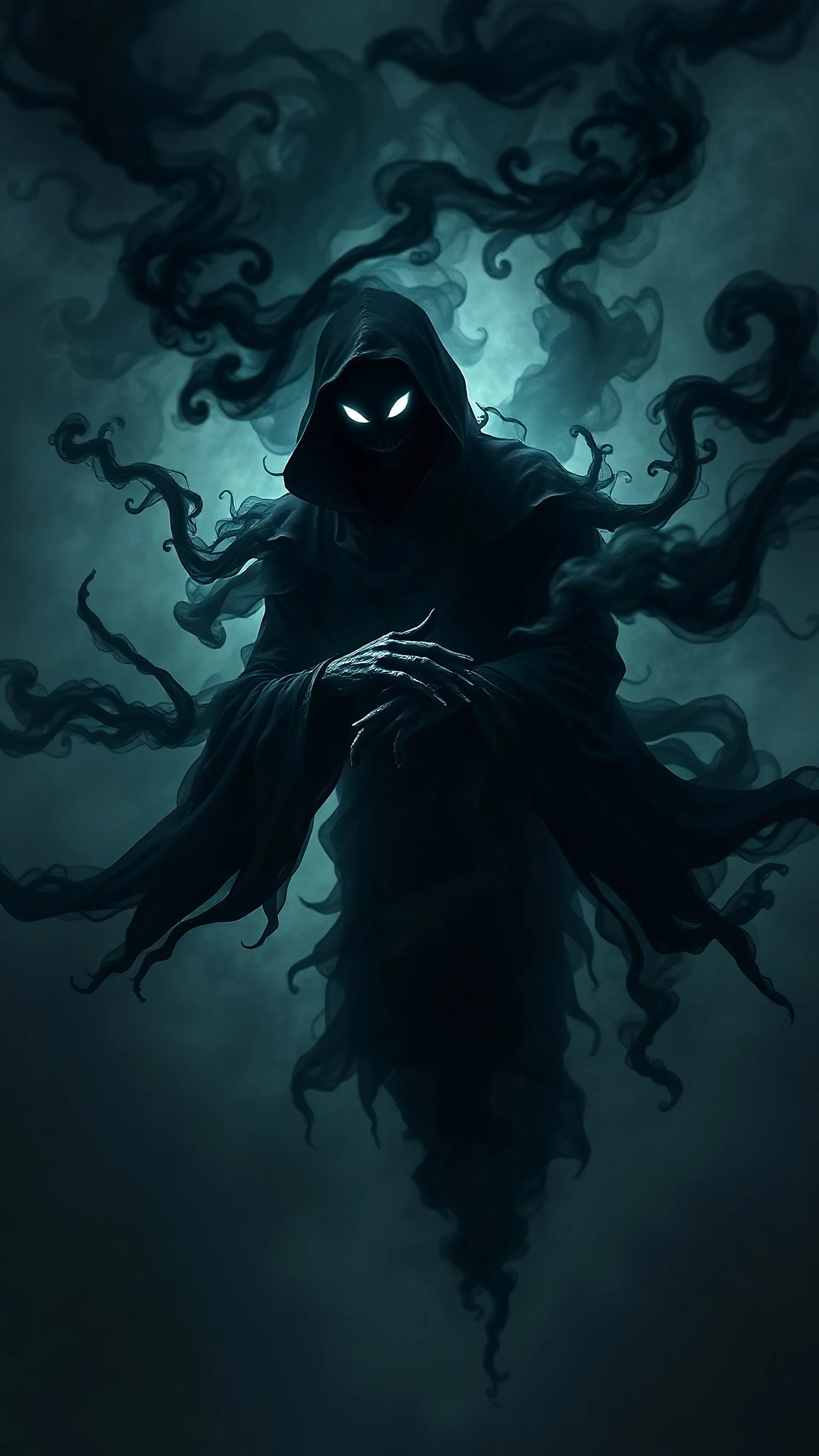 A shadowy, mysterious humanoid character floats in mid-air, weightless, suspended beneath a massive, mid air with vivid psychedelic detail. His entire body is deep black, covered in swirling black mist, with a faint white glowing smirk and two luminous white eyes piercing through the darkness. He body full mist flowing dramatically in the air. His both hand crossed arms, full vibrants mist surround