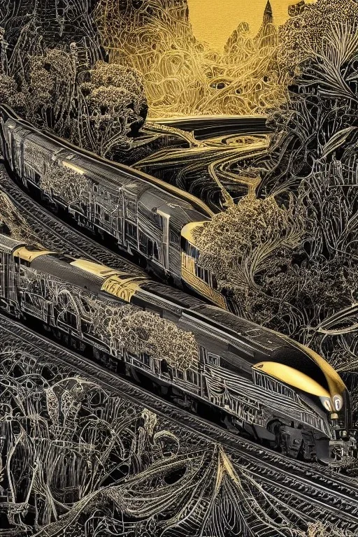 Insanely detailed intricately detailed meticulously detailed hyperdetailed black outline of a train on gold paper, high contrast, beautiful landscape, detailed full-color, nature, HD photography, Josan Gonzalez, Tishk Barzanji, Anne Dittmann, autoCAD