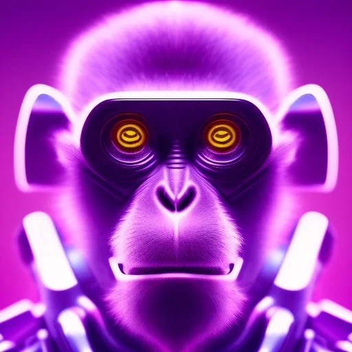 A beautiful portrait of a cyborg monkey purple neon color scheme, high key lighting, volumetric light high details psychedelic background