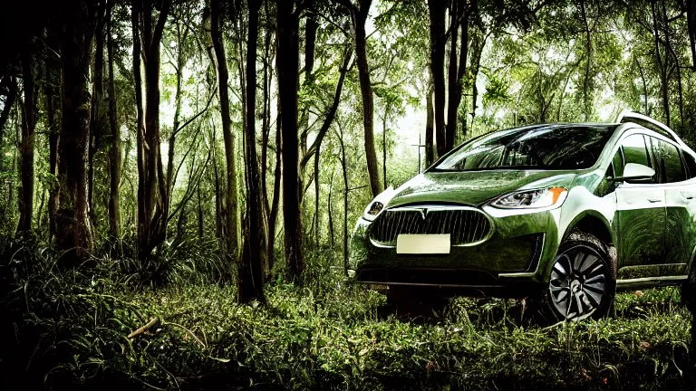 A Tesla's 'Model S Plaid' is parked, in a jungle of the Jurassic Period. CINEMATIC. WIDE ANGLE LENS. PHOTO REAL.
