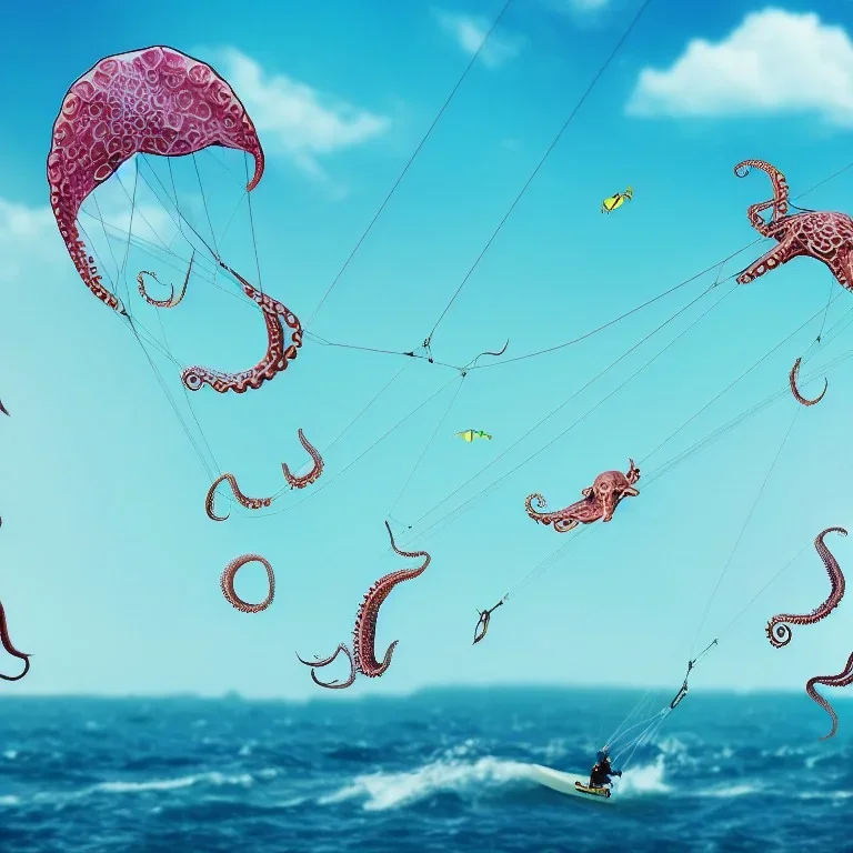 octopus and fish doing kitesurfing in the air, through a city, skyscrapers, photo, realistic, detailed, cinematic, 4k, unicorns, awkward, fantasy animals,