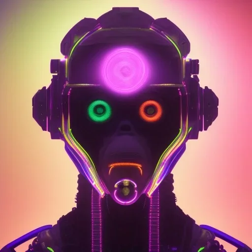 A beautiful portrait of a cyborg monkey purple neon color scheme, high key lighting, volumetric light high details psychedelic background