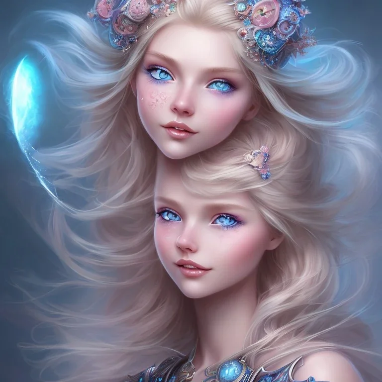 visage souriant, fée du nord, fantasy, grands yeux bleus, cheveux long blond, bleu et rose