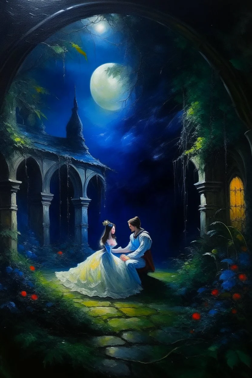 Oil painting A secret meeting between a princess and a prince in an abandoned garden in an abandoned palace under the moonlight