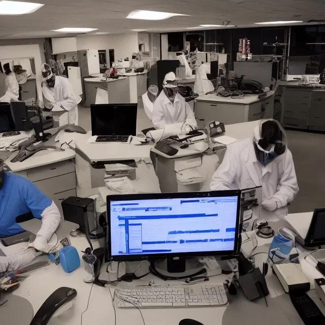 scientists at the computer in carnival masks. the masks are checkered.