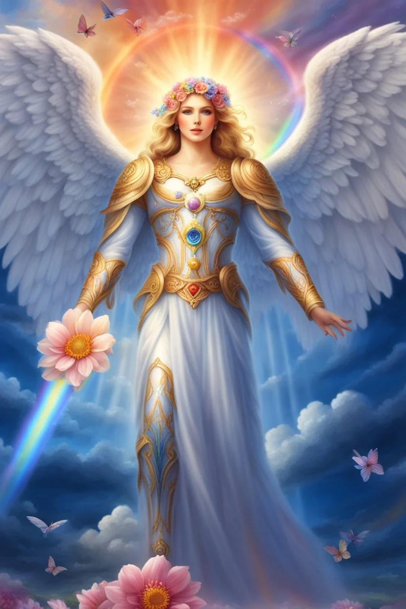 Beautiful Angel, flowers, rainbows,ufos