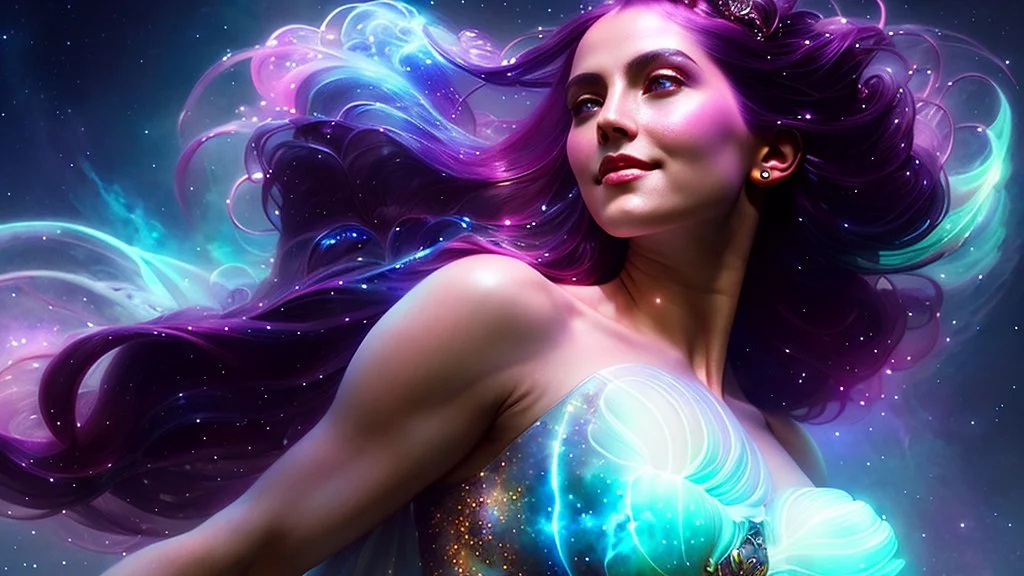 Full body portrait of a nebula smiling goddess by artgerm, ferdinand knab, rutkowski, vivid swirling ornamental, elegant gradients, luminous ambient ,3d liquid detailing, textured, intricate, octane render, 8k