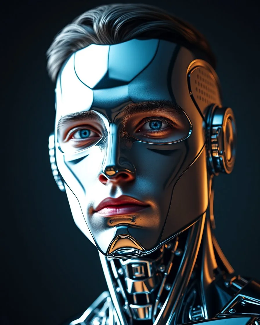 portrait shot, chromed male cyborg with instead of eyes, shining chromed robot in dark background, floating