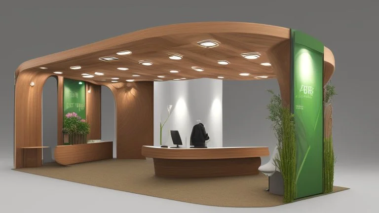 Corner exhibition stand in light colors with wood elements and greenery with two meeting areas