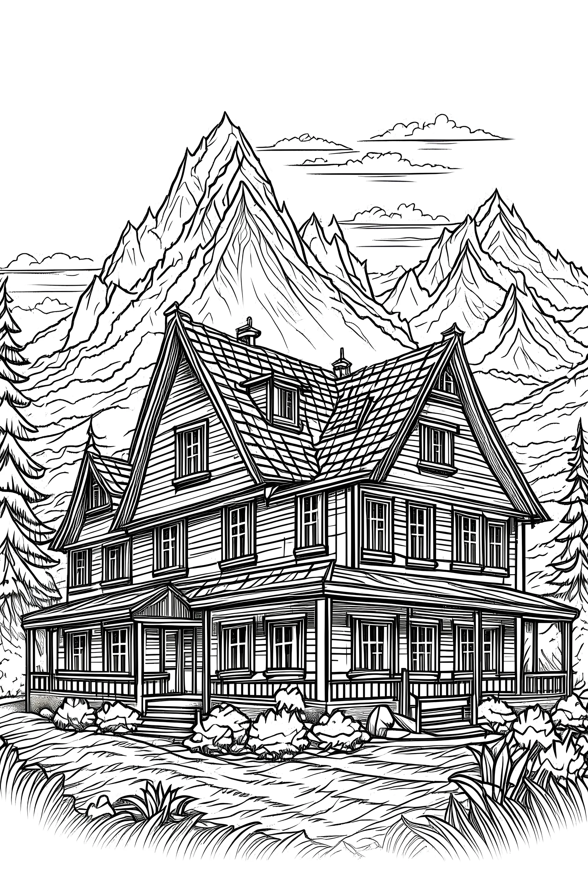 schita cu tema casa din Alpi , incadrata bine in rama , hasurat cu linii fine , cu mare acuratete si contrast , stil gravura pe metal