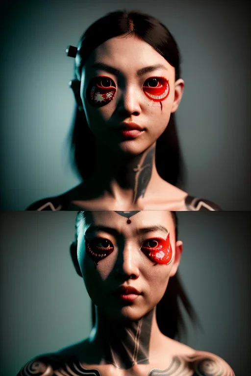 Studio photo portrait, Asian woman samurai,yakuza body tattoos, cyberpunk,japanese traditional ornaments, red, white, black, led wires, glow eyes, cinematic, Ultra realistic, wide angle view, soft color, highly detailed, unreal engine 5, RTX, ultra detail, 3d, finely drawn, high definition.