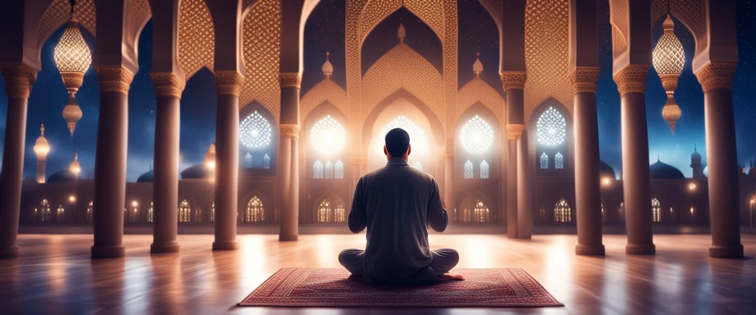 Hyper Realistic Man Praying & Ramadan Lights inside a beautiful mosque at night