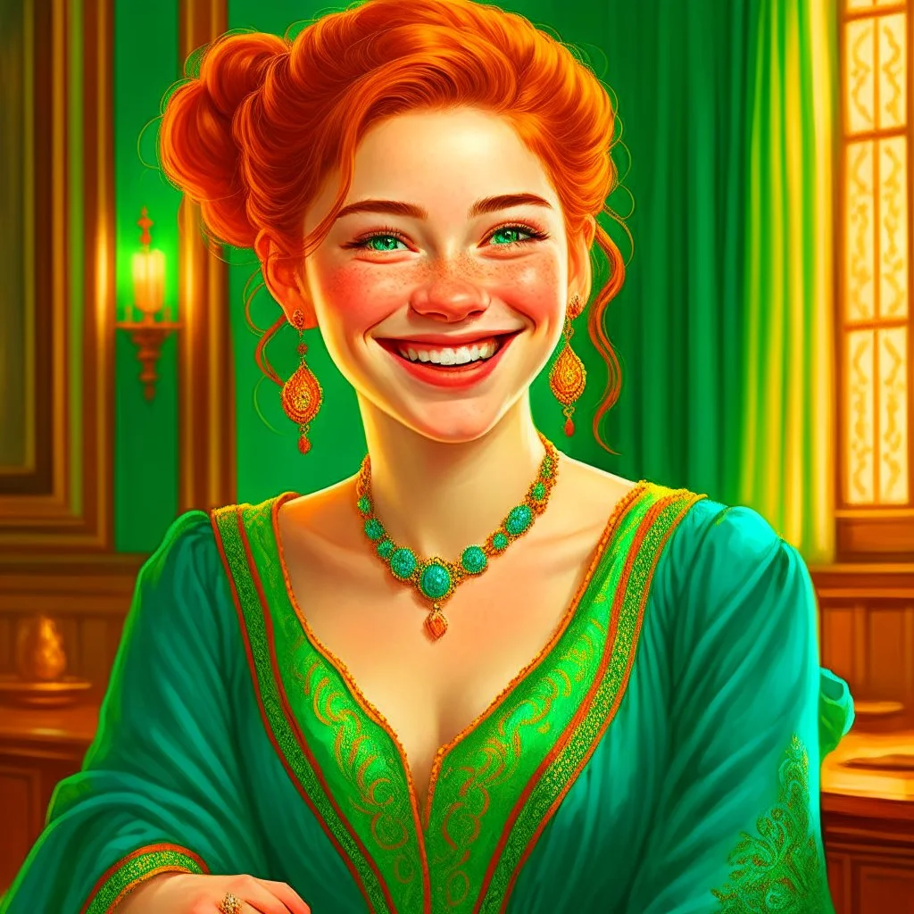 a young noble woman, red hair bun, smiling, joyful, happy to see us, wearing a turquoise embroidered gown with perls, renaissance era, in a ballroom, highly detailed, illustration, character art