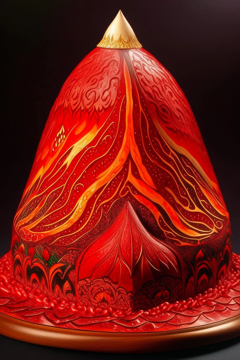 A red volcano with spewing bloody fire designed in Mehndi design painted by Peter Carl Faberge