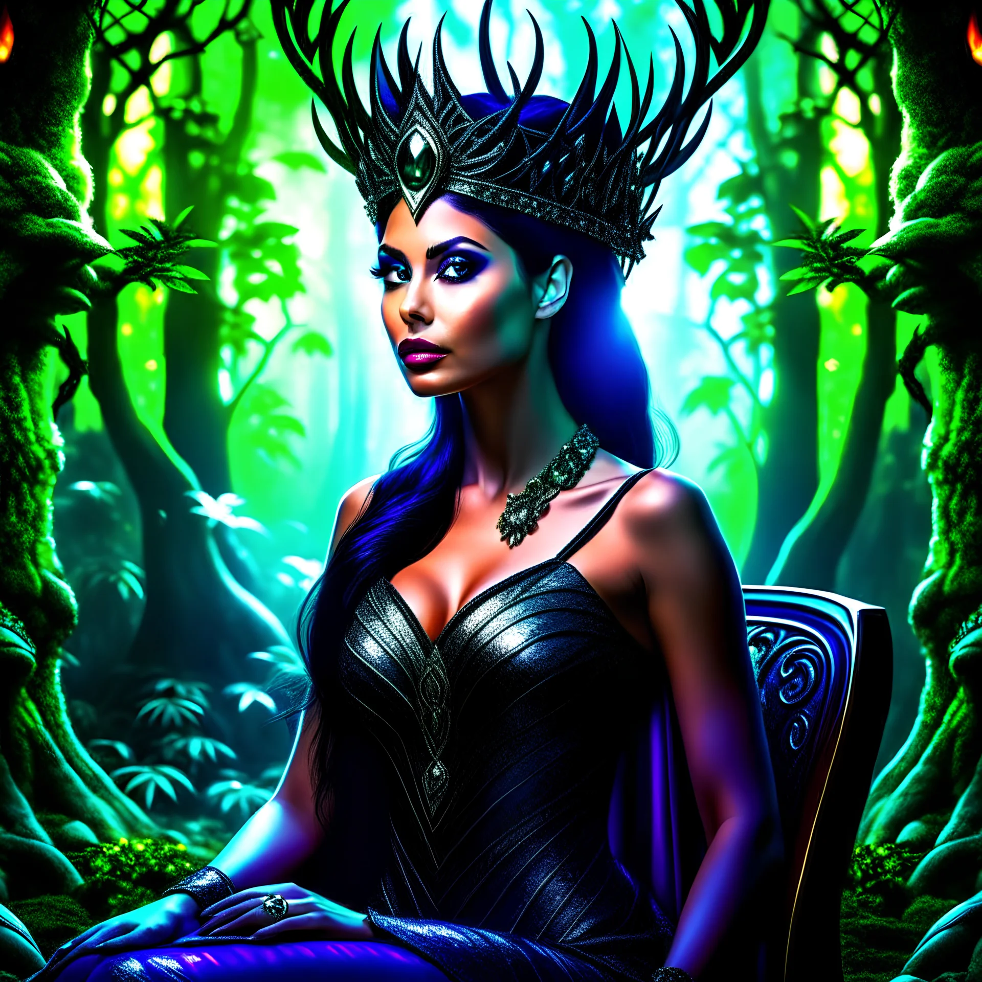 Morena Baccarin as a beautiful sexy dark elf queen seated elegantly on a throne in a mystical forest, dark celtic vignette frame, photo-realistic, cinematic lighting, award-winning photography