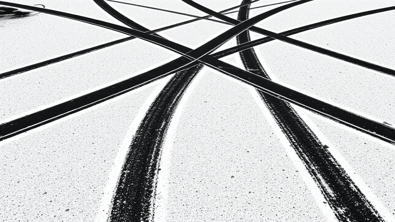 crisscrossing tire tracks, black on white