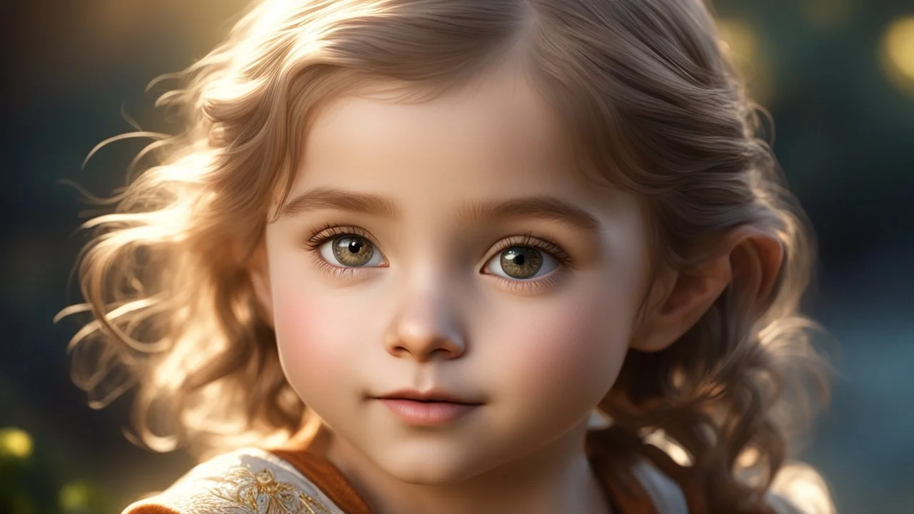 Thoughtful calm happy 2-year-old hobbit girl, engaging, confident, peaceful, aware, intelligent, cheeky, showing her head and upper body, perfect glowing eyes, luminous skin, perfect anatomy, exquisite composition, beautiful detailed intricate detailed octane render, 8k artistic photography, photorealistic, soft natural volumetric cinematic perfect light, chiaroscuro, award-winning photograph, masterpiece, raphael, caravaggio, bouguereau