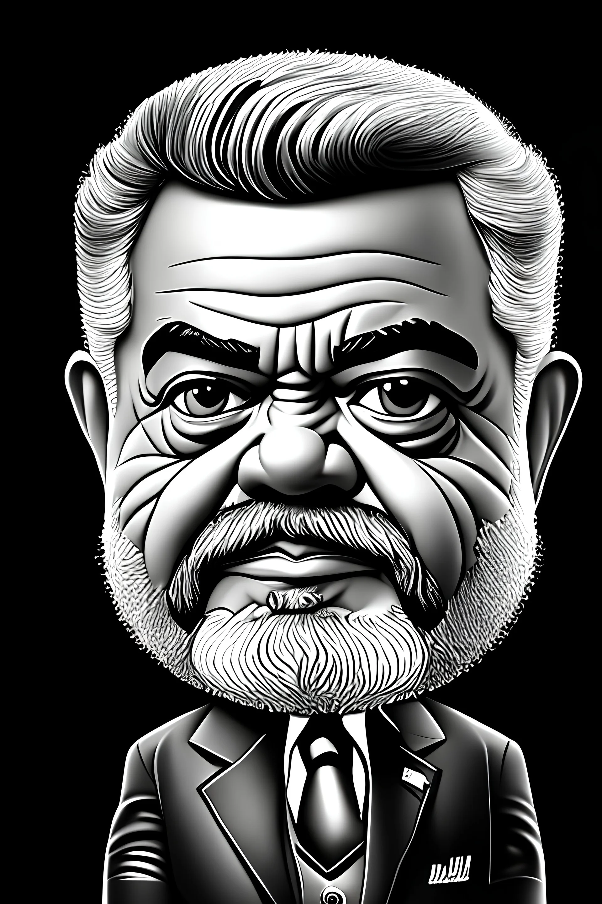 Caricatura chibi de Luis Ignacio Lula da Silva presidente de Brasil, serio, calidad ultra, hiperdetallado, color blanco, y negro, increíble obra de arte, formas y líneas estilizadas