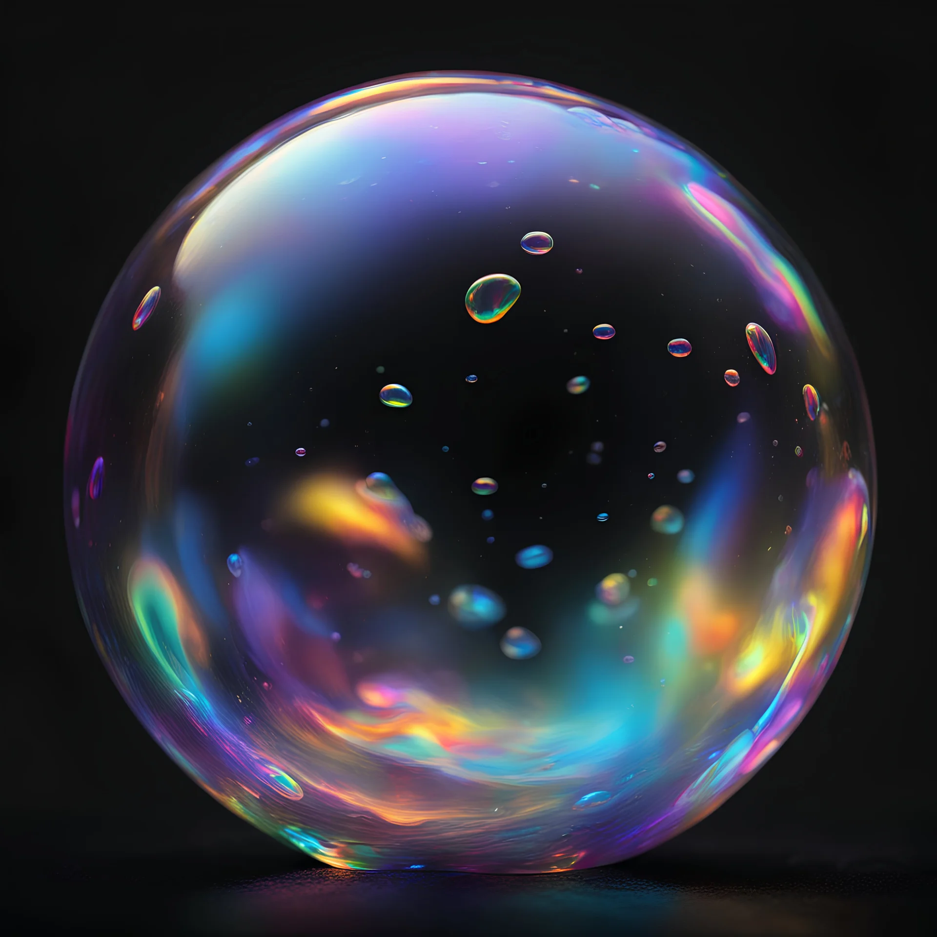 iridescent soap bubble, black background, cinematic lighting, dramatic oily iridescent sheen, concept art, splash art