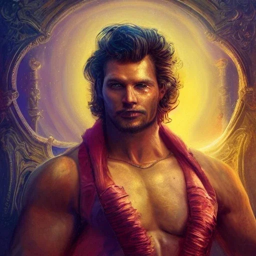 portrait, Arthur Kulkov, Russian, circus, male, ringleader, muscular, man, strong, detailed matte painting, deep color, fantastical, intricate detail, 8k resolution, concept art portrait by Greg Rutkowski, mystical colors, Golden hour, colorful galaxy foreground, lisa frank fantasy, neon pastel color palette, beautiful colorful interesting detailed storybook fantasy