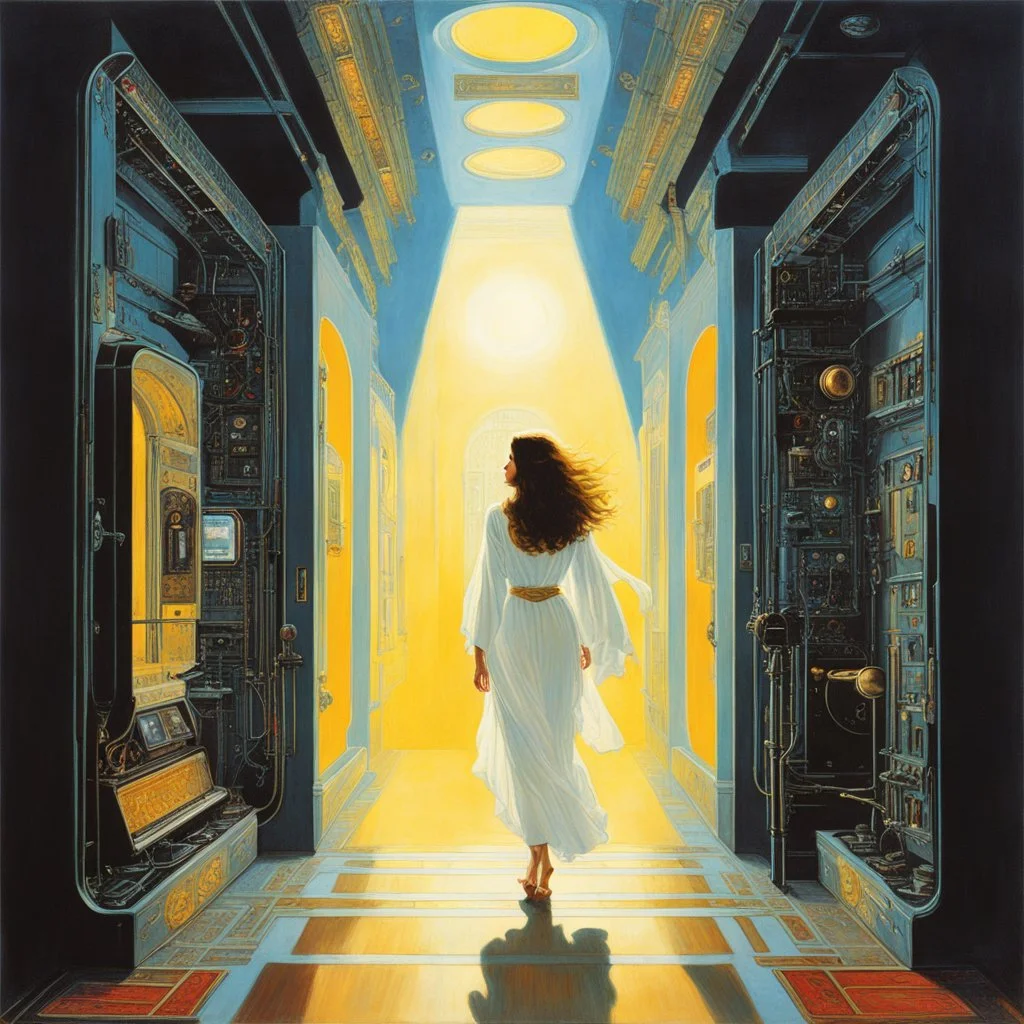 [art by Norman Rockwell] Maria Magdalena's spirit weaves through the neon-lit corridors, imbuing the spaceship with a sacred presence that transcends time and space. As the enigmatic whispers of Maria Magdalena guide the machines on their cosmic journey, a transcendent union of past and future unfolds, illuminating the path towards a higher understanding of the universe's mysteries.