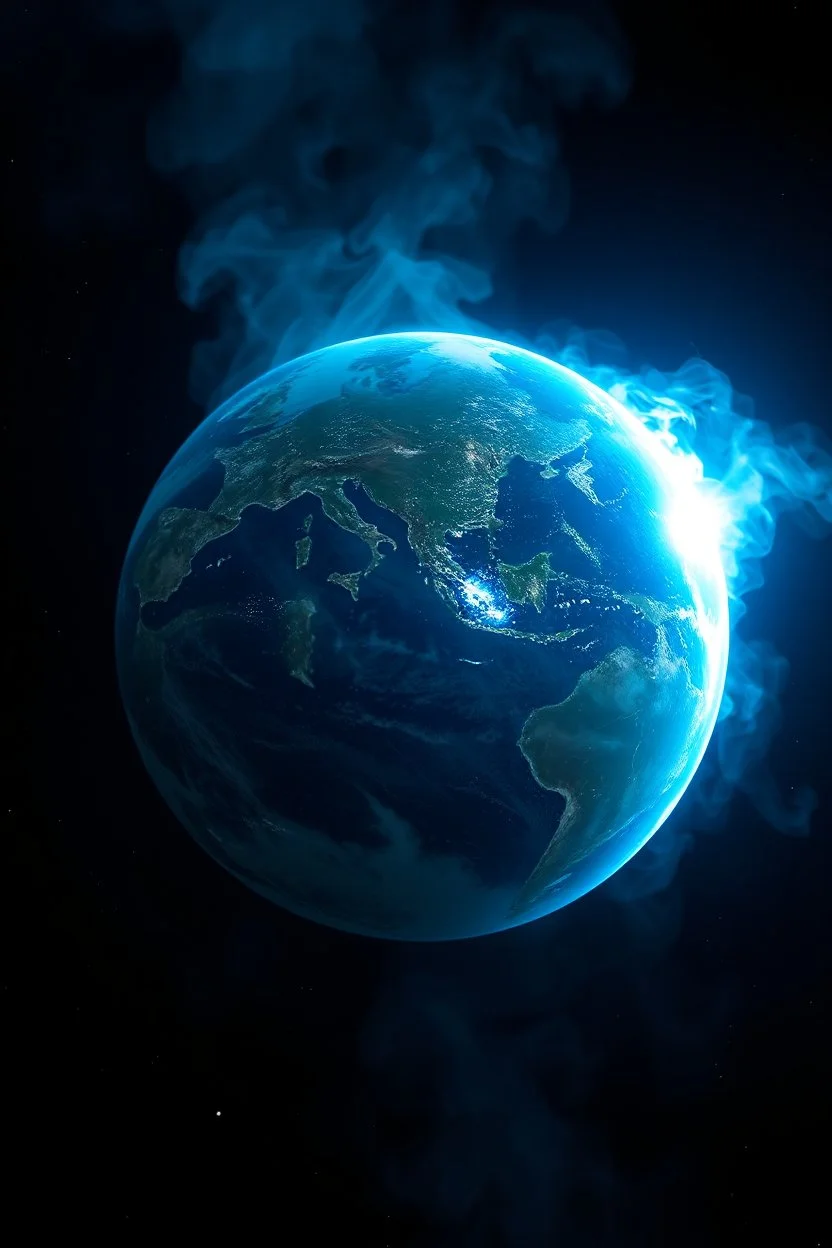 en satellit bild från rymden på jorden, den ska lysa med blått ljus och det kommer rök ifrån den och ser ut att spricka lite, bilden ska visa hela jord globen, långdistans robotar flyger mellan olika kontinenter