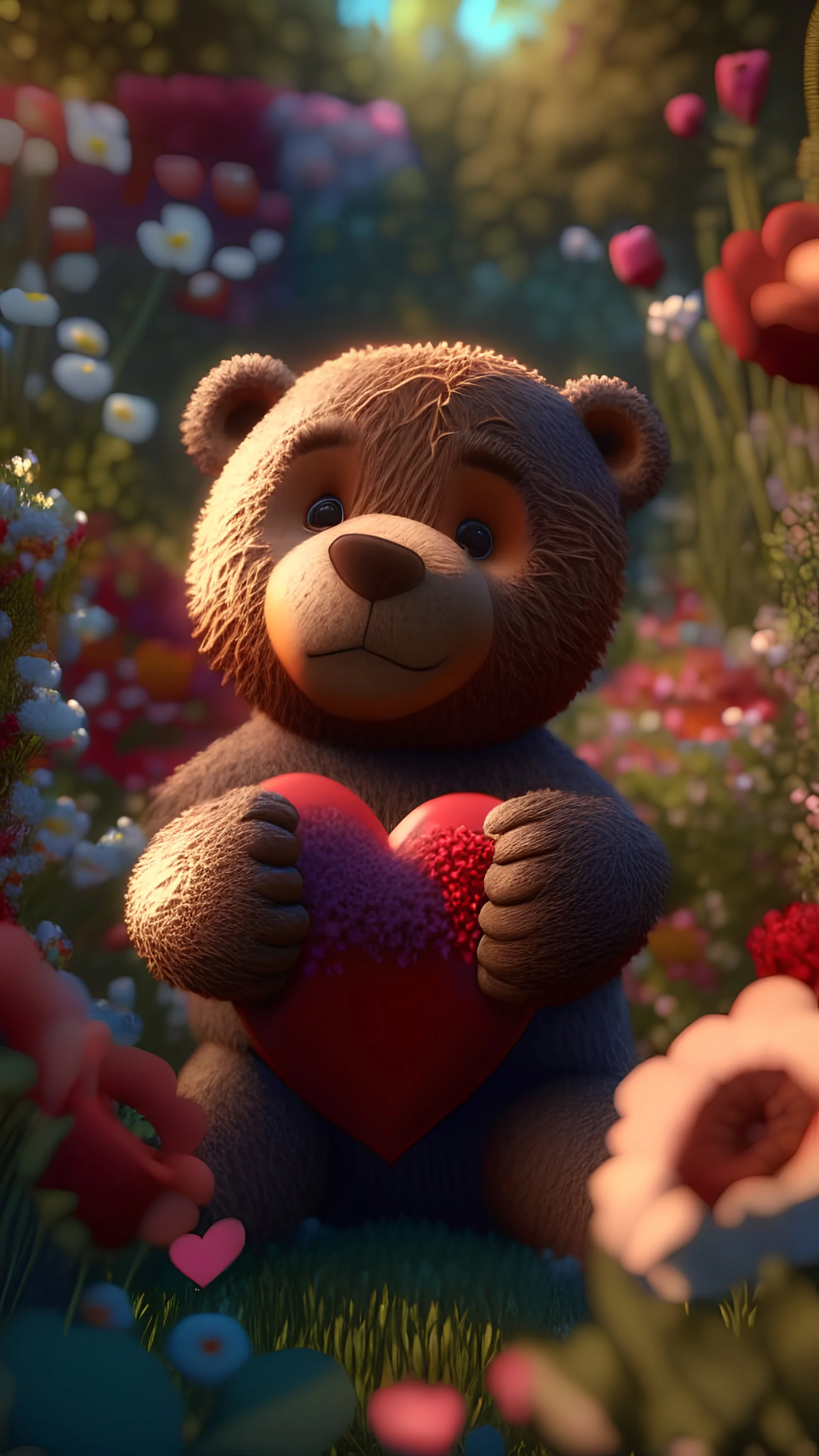 Place the teddy bear in a prominent position within the flower garden. Make sure the bear is holding the red heart in a way that is visible and adds a focal point to the image. Backlight. Highly detailed. Hyper-realistic, 4k, ultra HD, Pixar style, Disney style, cinema 4D