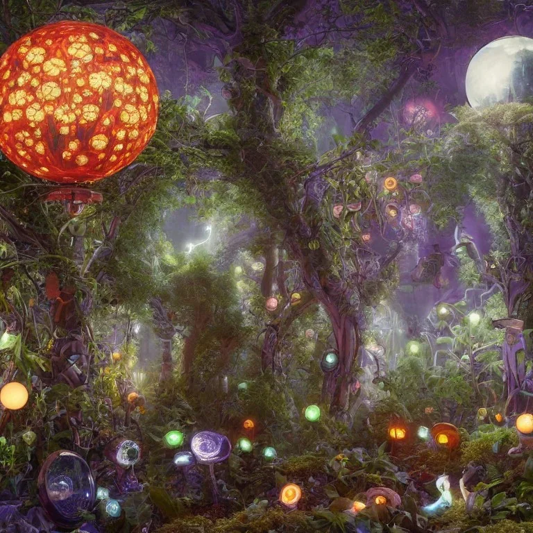 victorian robots and bioluminous mushrooms growing in a spheroid forest, 3d render, nightlight Study, by Jan Davidsz de Heem and Lisa Frank, Art Nouveau, 8k, extreme detail, sharp focus, cinema 4d render