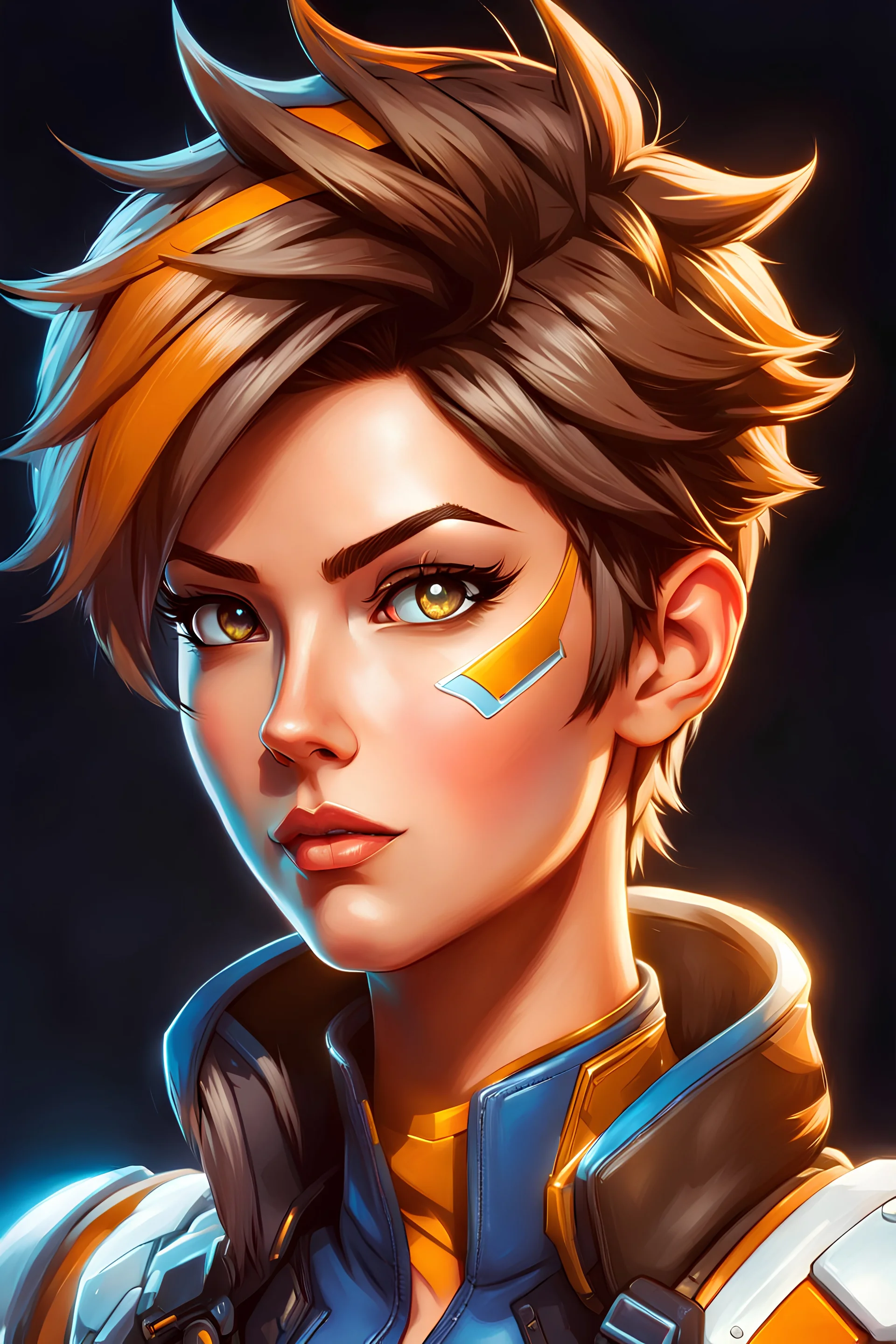 Highly detailed portrait of Tracer from Overwatch, by Loish, by Bryan Lee O'Malley, by Cliff Chiang, by Greg Rutkowski, inspired by Capcom