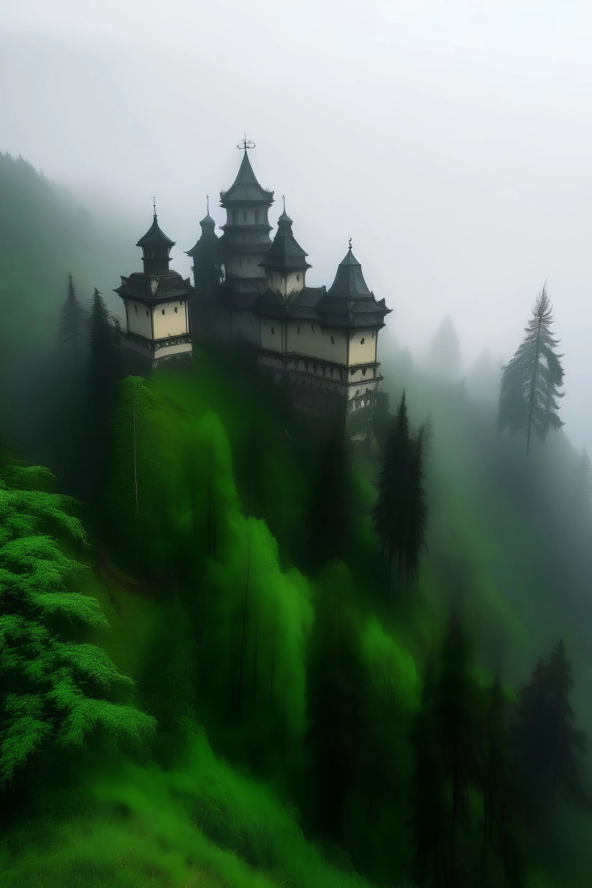 Scary monastery surrounded by a thick forest and fog