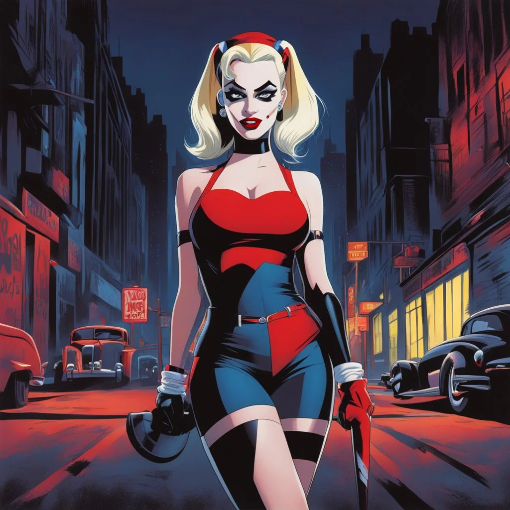 Harley Quinn by Bruce Timm, she stands in a dark street of Gotham