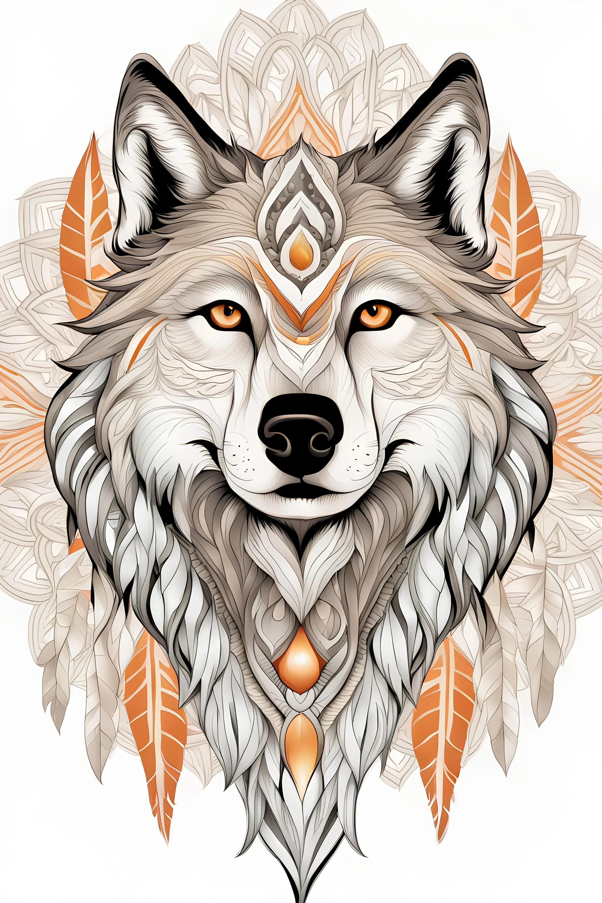 wolf face mandala, realistic, white background, beige and orange