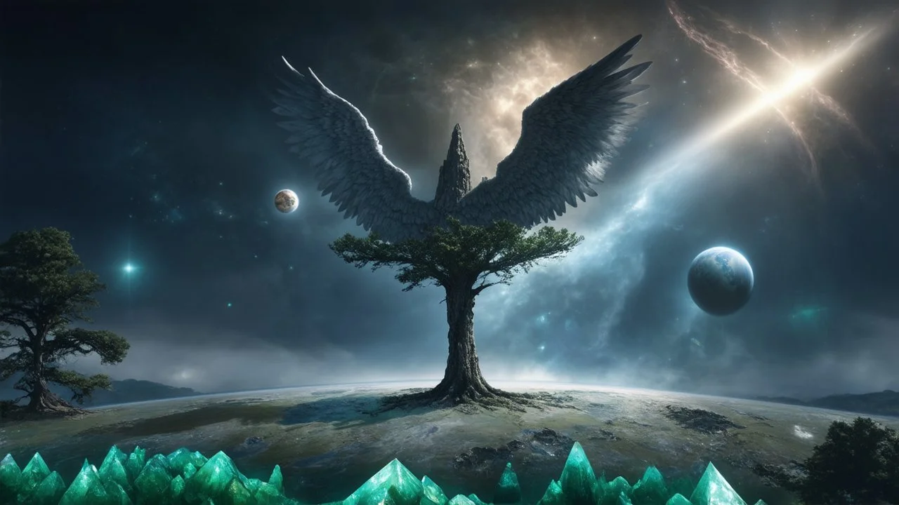 matrix universe, space, planets, god creation, angels from other dimensions with beautiful wings, trees on the planet, behind green crystals of light, few tiberium monolith deposits on the planet near tree,