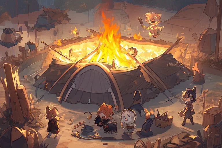 Against a dark cracked holographic marble background, a cute chibi plushy fluffy knitted and embroidered cat, tent, campfire, pond, mist and fog in sunshine, drawn in orange glowing neon lines. The cracks in the background are golden. Ethereal, cinematic postprocessing.