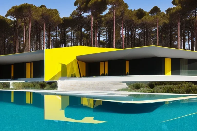 Day in quinta do lago, one straight line building of two floors on a slope of pine trees, with a 250 meters long pool on the rooftop building, modernistic luxury architecture with wood and antracite dark metallic pergolas, sexy loungers by the pool, red Ferrari and yellow lamborghini