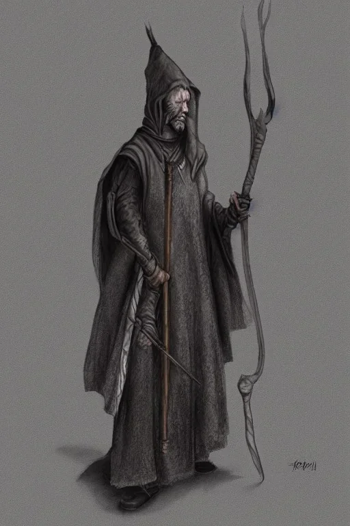 Tall Wizard, dark broody, long staff in hand, grey cloak, photorealistic