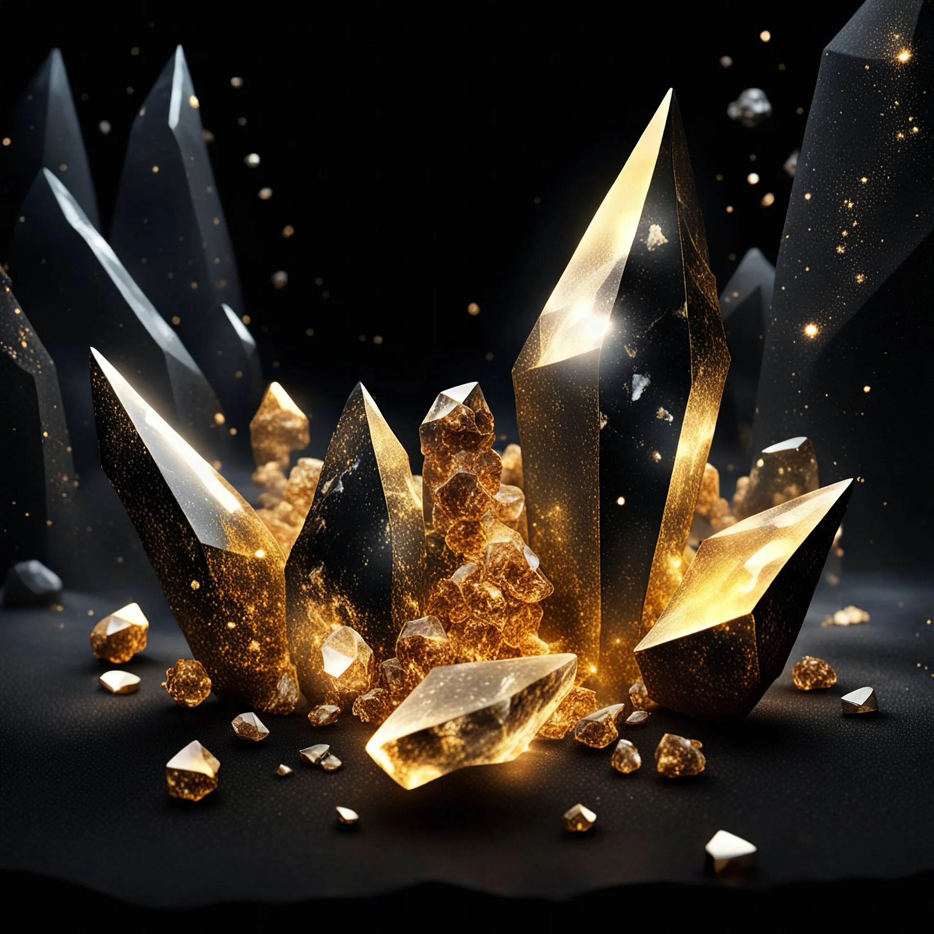 Generate a Movie Poster: "Cursed Crystals", showing few glowing-chunks of Golden marble crystals on Royal Black Velvet Background with cinematic-lighting.