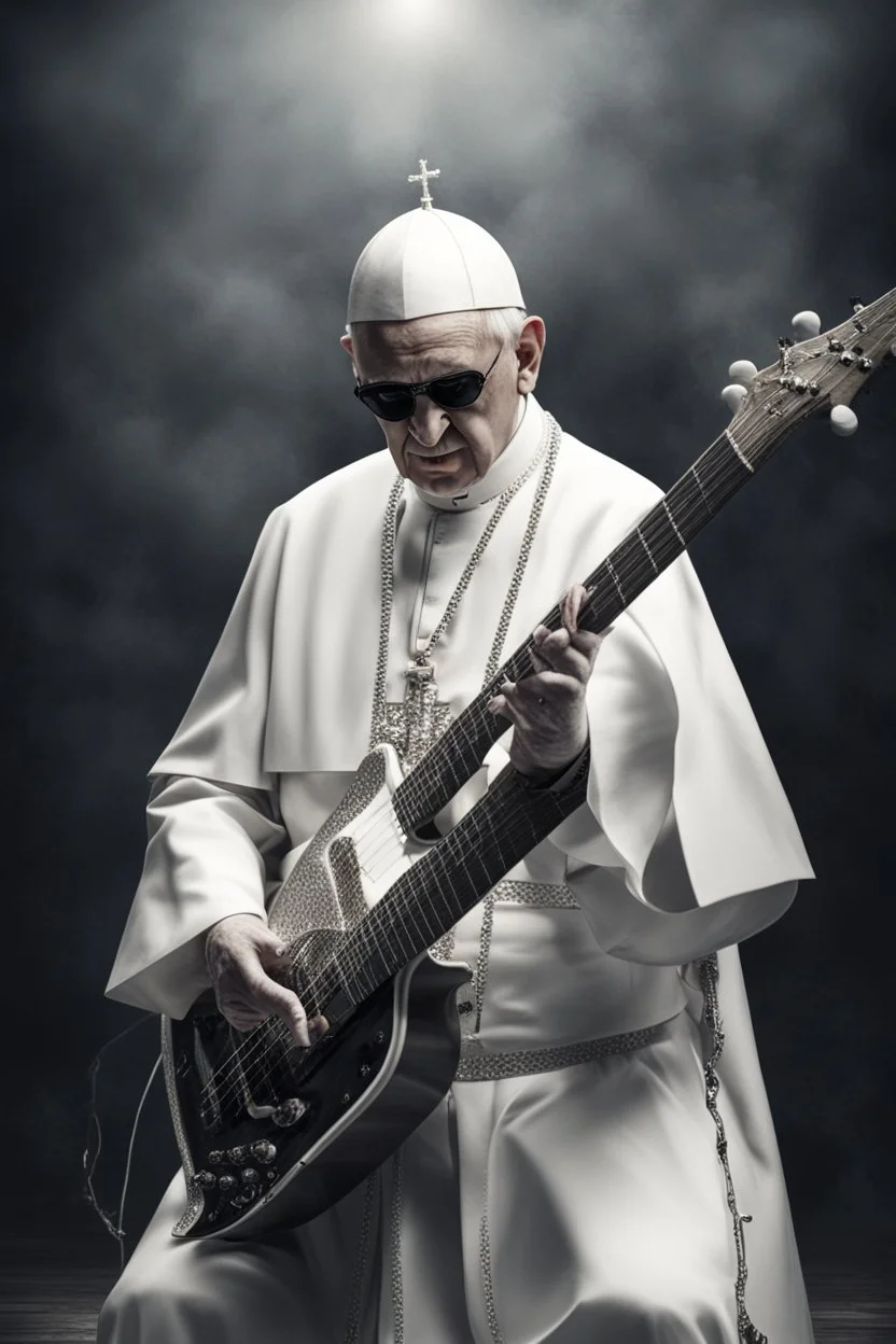 papež hraje v blackmetalové kapale na baskytaru, fotorealistické