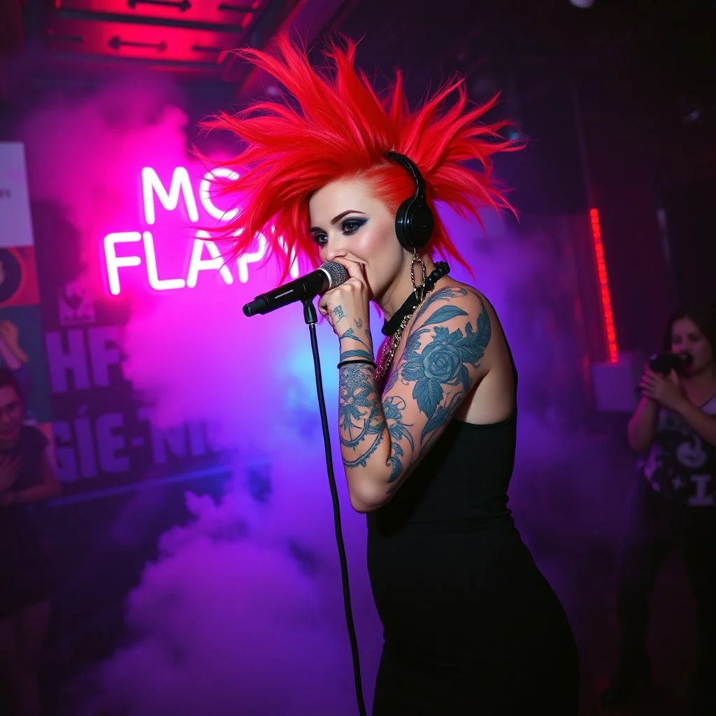 A MC performing at dance club, her name MC FLAPYPUSY and looks crazy, crazy red hair with black dress. Neon lights and smog, MC FLAPYPUSY SIGN ON WALL