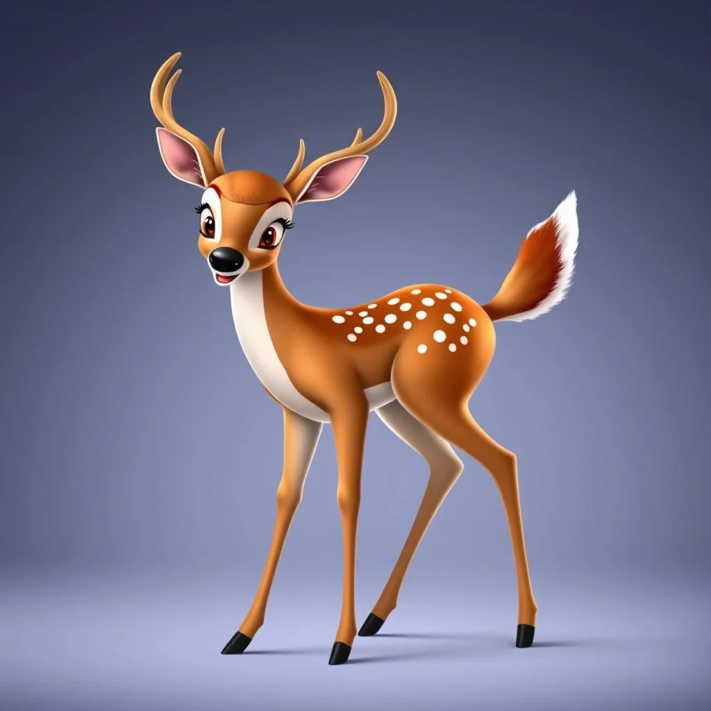 full body of an bald white tail deer, standing, halted with chest out, proud pose, with big smile, big surprised eyes, tail upward, on flat background, in the style of 'My Little Pony' and Bambi, fantastic lighting