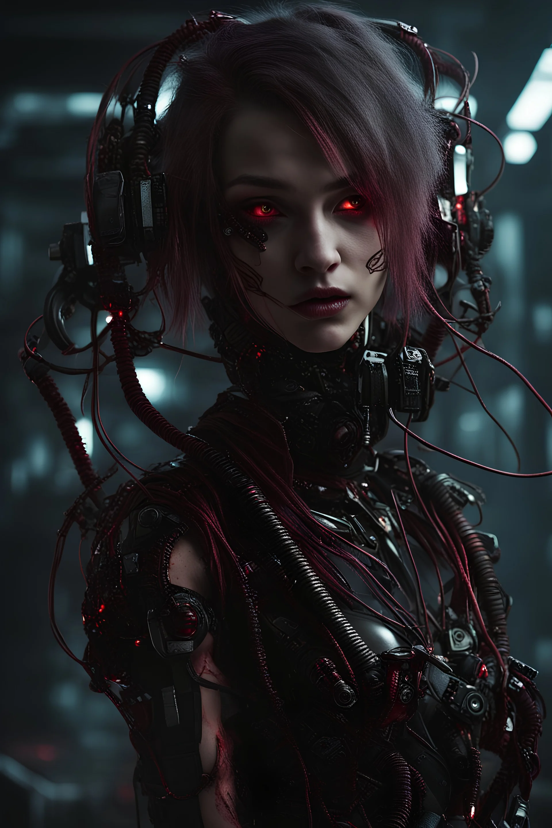 full body, punk girl, eyes cybernetic, darkred tones, 8k, macro photography, high lighting, intricate,