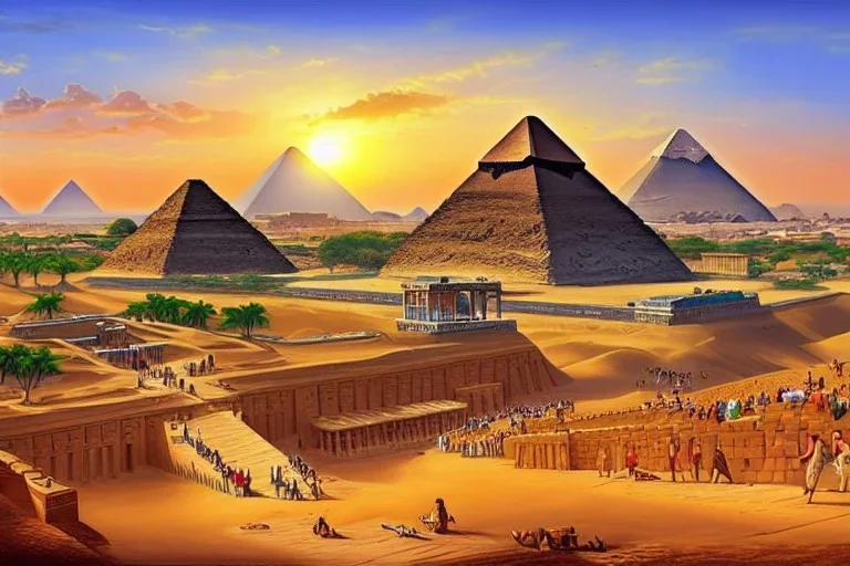 An ancient Egypt city at the Nile, pyramids in the background, Egyptian temples, lush vegetation, by matthieu lauffray, sunrise, stunning environment, perfect composition, professional digital painting, super highly detailed, wide-angle, diffused lighting, 8 k Uhd, god rays