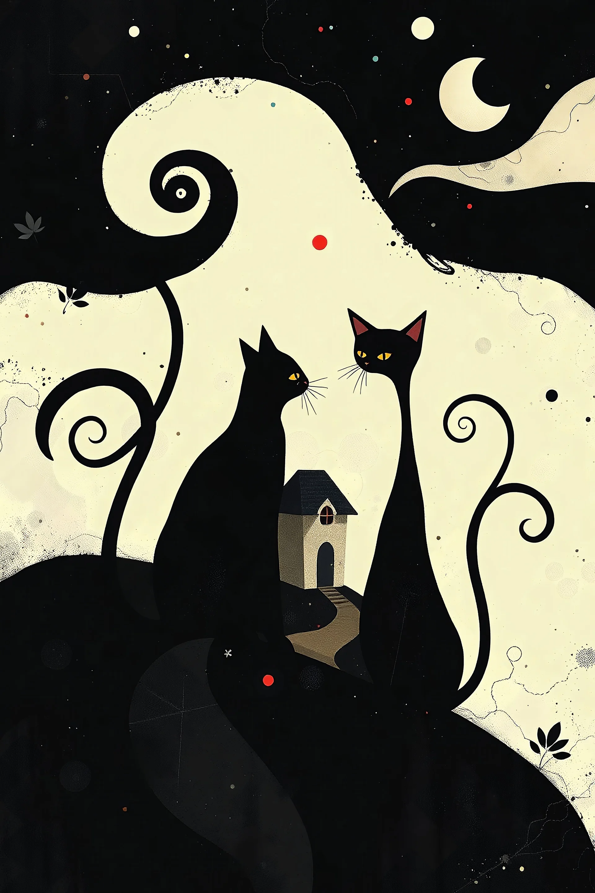 Abstract illustration, whimsical, dreamlike, two stylized cats elongated bodies, swirling tails, small house, abstract shapes, mystical atmosphere, deep blacks, whites, muted colors, surrealism, focus on whimsical, dreamlike elements, digital painting, ultra fine, breathtaking surreal masterpiece