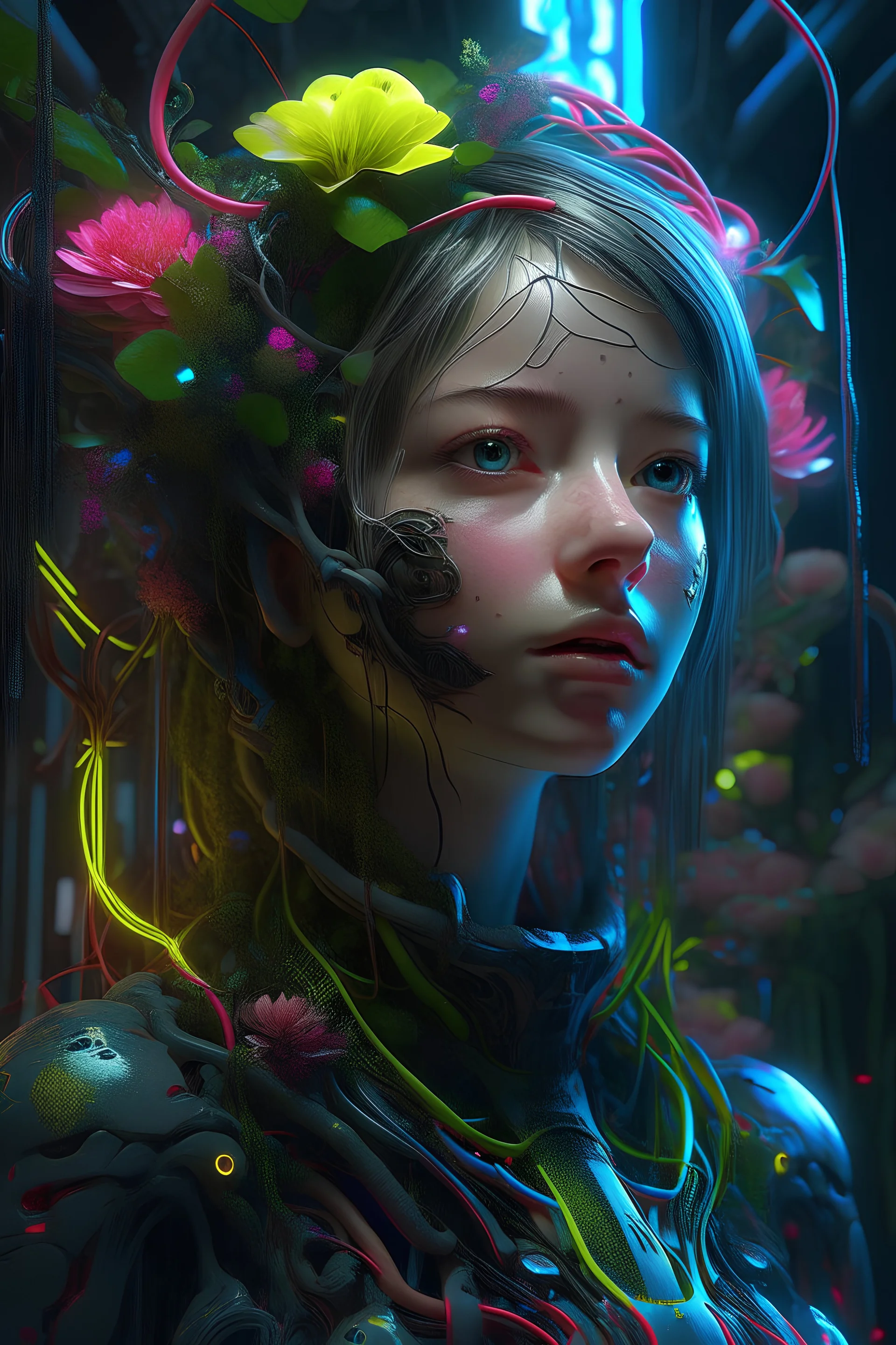 Expressively detailed and intricate 3d rendering of a hyperrealistic: Caucasian girl girl, cyberpunk flowers, neon, vines, flying insect, front view, dripping colorful paint, tribalism, gothic, shamanism, cosmic fractals, dystopian, dendritic, artstation: award-winning: professional portrait: atmospheric: commanding: fantastical: clarity: 16k: ultra quality: striking: brilliance: stunning colors: amazing depth