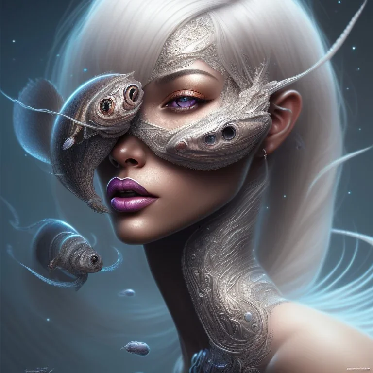 fantasy magic, intricate, sharp focus, illustration, highly detailed, digital painting, concept art, matte, masterpiece head sexy front view black African beauty space lady silver carp skin one head blonde space night