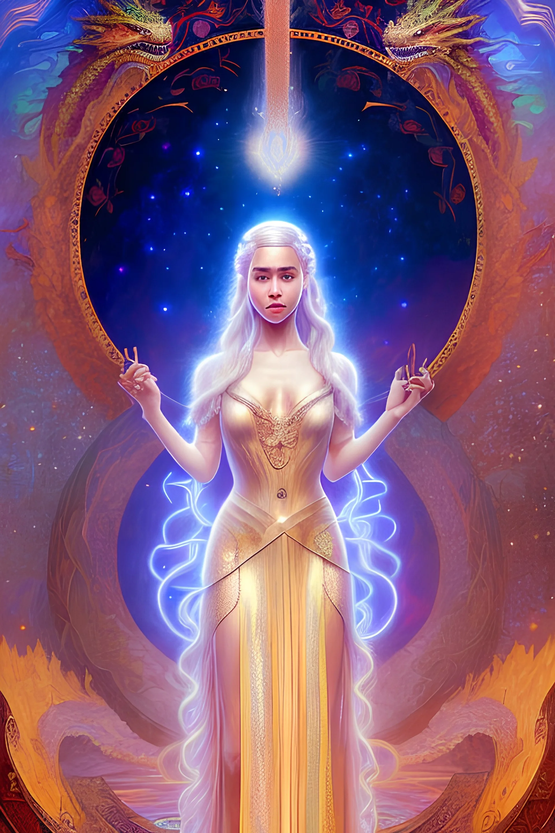 art by Alfons Mucha, stained glass motif, whole body image of beautiful Emilia Clark as Daenerys Targaryen in a mystical enchanted forest standing next to a dragon, HD 4K, sharp detail, photo-realistic accurate face and features, cinematic lighting, award winning imagery